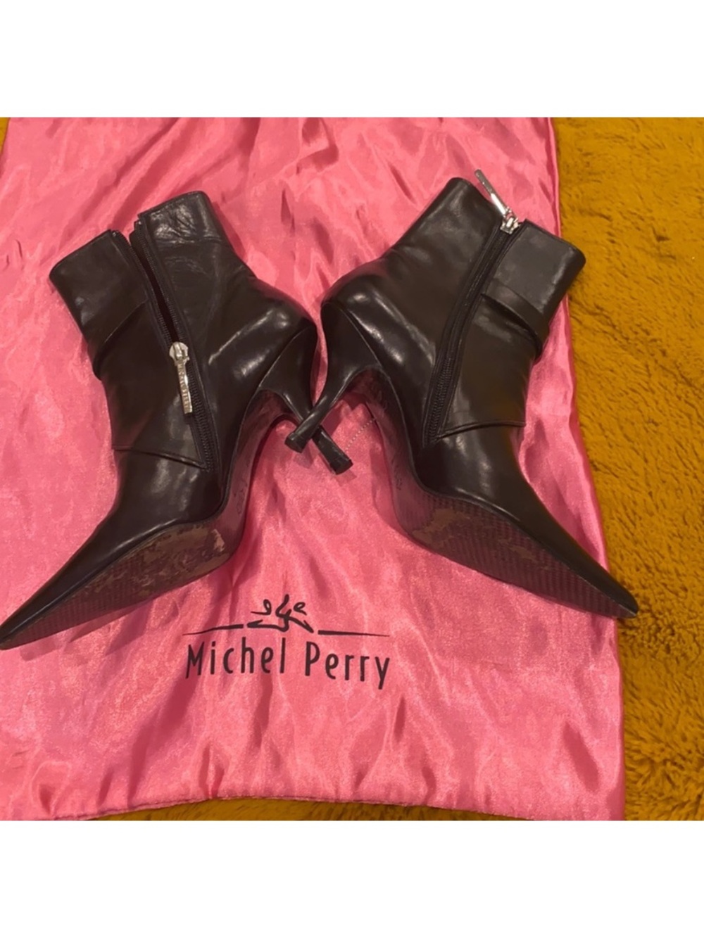 VINTAGE Michel Perry Black ankle pointy toe booties with silver tone hardware 36